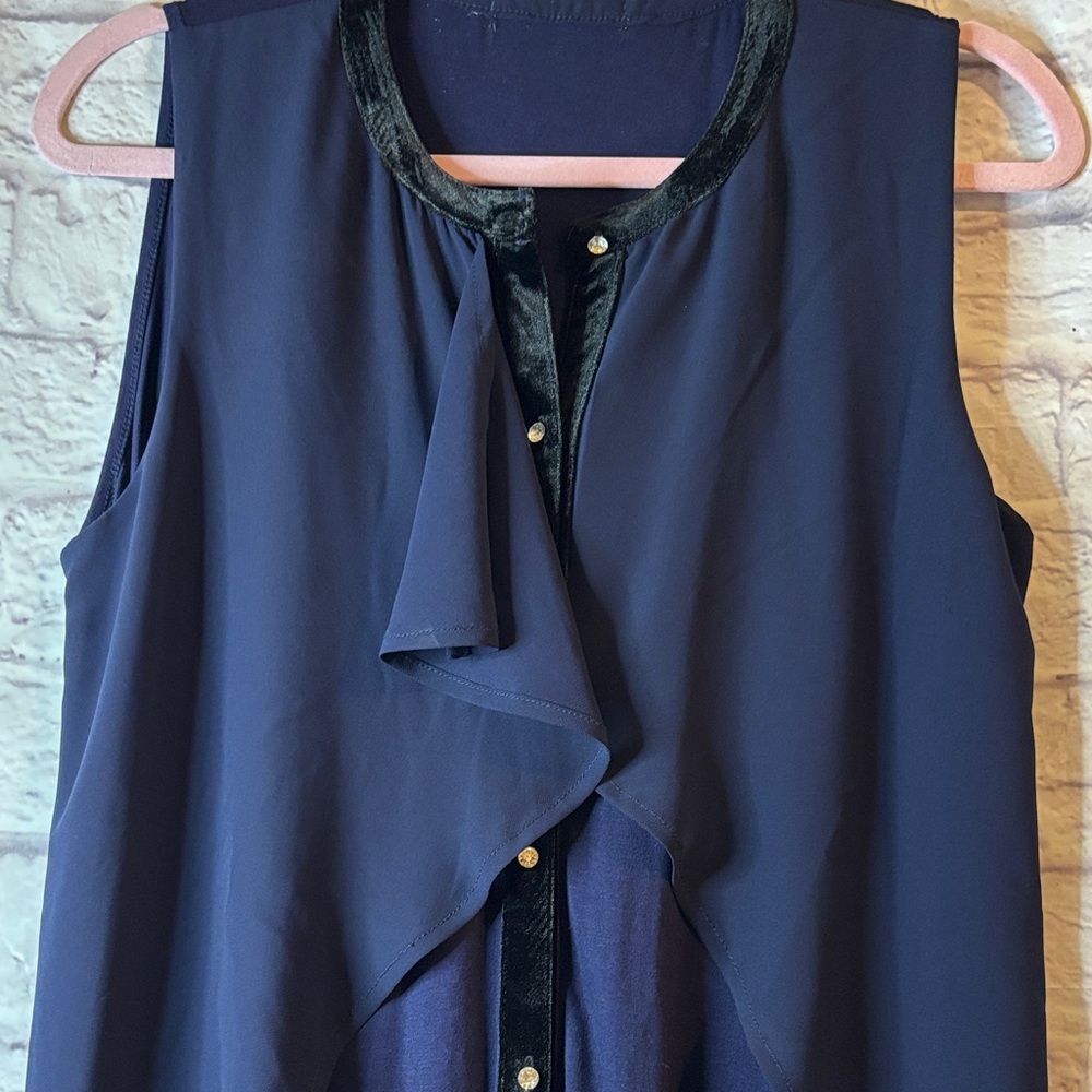 🔵Elegant Navy Sleeveless Blouse with Dark Blue Velvet Trim